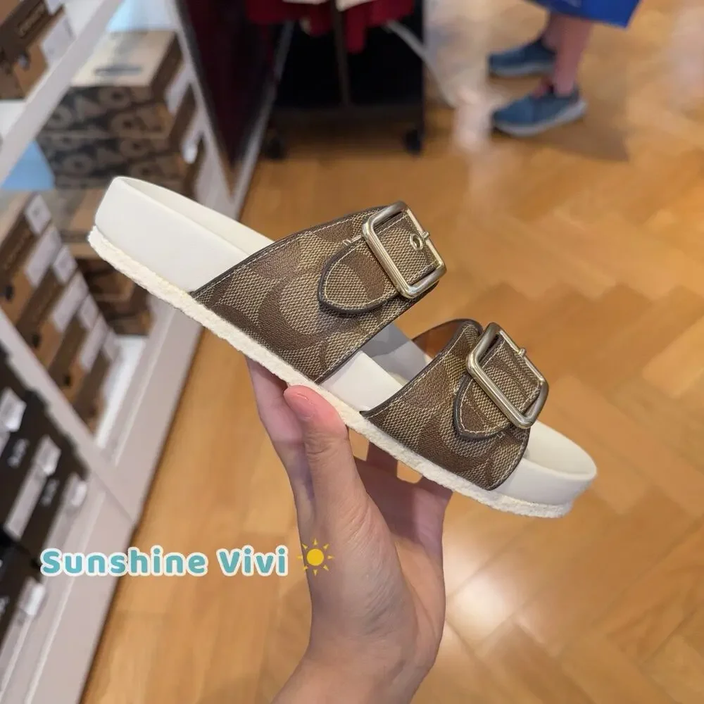 NEW COACH Allanah Slide Sandal Signature Canvas Women's CK412 Khaki/Chalk US 5 - Picture 2 of 9